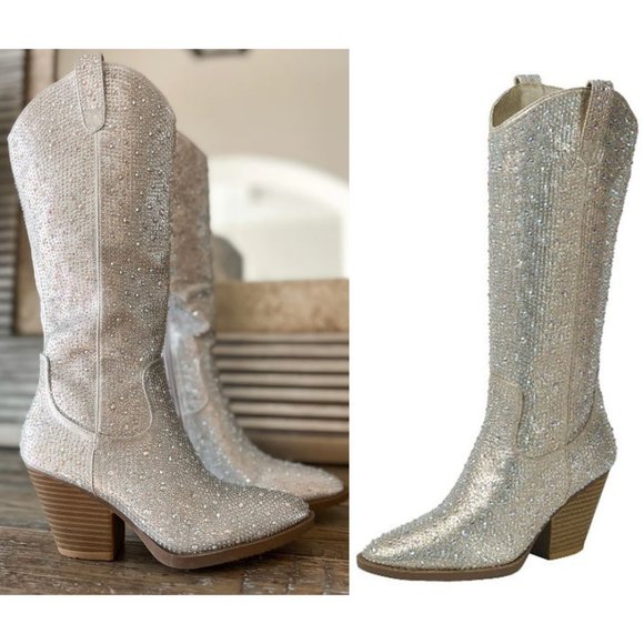 Shoes - New Campagne Gold Blingy Rhinestone Knee High Cowboy Boots